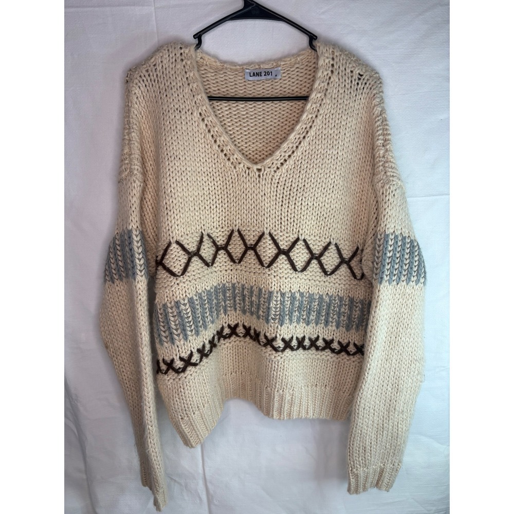LANE‎ 201 Cream Knit Geometric Fair Isle V Neck Sweater Women's Size M